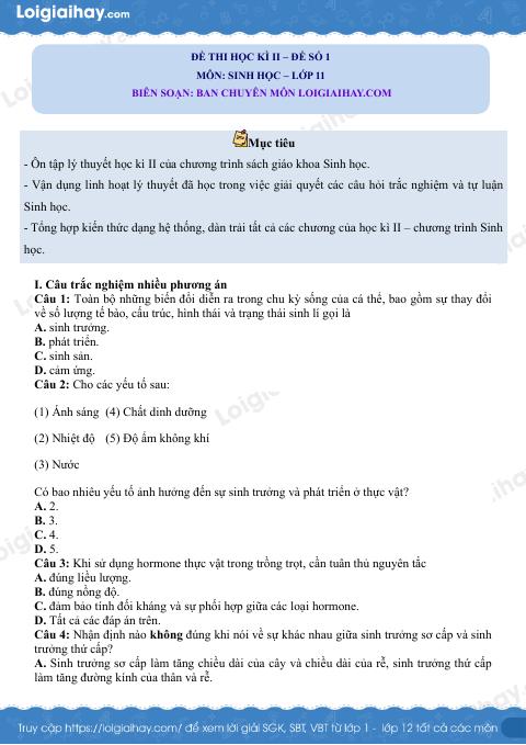 Đề thi học kì 2 Sinh 11 Cánh diều - Đề số 1